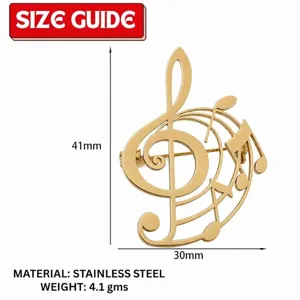 Detailed specifications for golden stainless steel music note brooch measuring 41x30mm