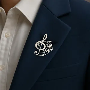 Detailed view of a silver stainless steel treble clef brooch pinned to a navy suit lapel
