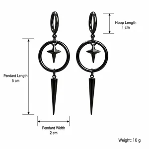Detailoverzicht van gotische zwarte legering oorbellen met spikes en maten