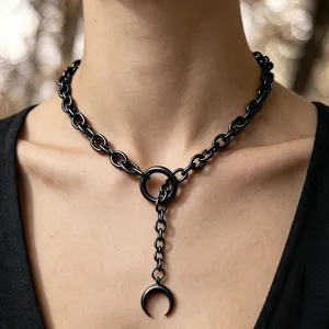 Collier en Y Gothique en Alliage Pendentif Pointe et Lune Chaîne Épaisse Bijoux Streetwear pour Femmes Chaîne à Maillons Épais