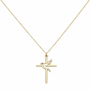 Elegant gold plated stainless steel cross necklace featuring a delicate dove pendant for women