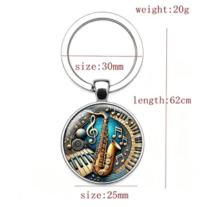 Detailed view of vintage music keychain with saxophone and piano motifs and size guide