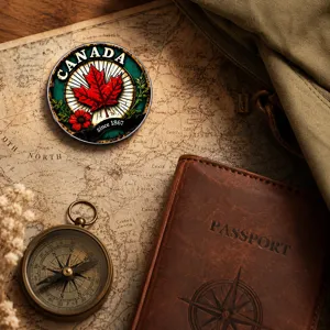 Close-up of a vintage Canada maple leaf brooch on a thematic retro world map background