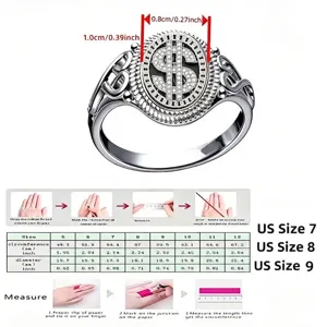 Measurement guide and size chart for retro hip-hop dollar sign ring jewelry accessory