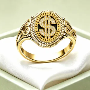 Macro view of vintage hip hop dollar sign ring with gold plating and sparkling cz stones