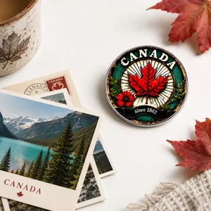 Close-up of vintage Canadian maple leaf brooch with travel postcards as a background prop.