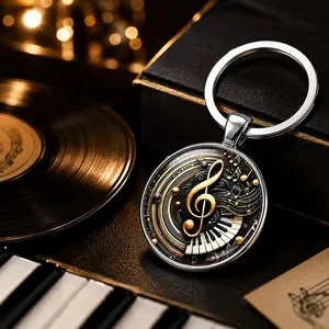 Elegant musical clef keychain with piano keys on a vintage black background