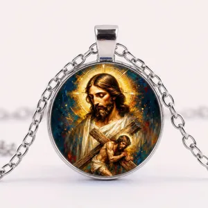 Detailed view of sacred Jesus glass dome pendant necklace religious gift for believers