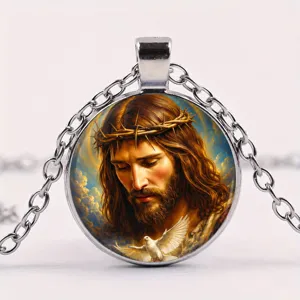Detailed view of Jesus with crown of thorns in a round glass dome pendant necklace
