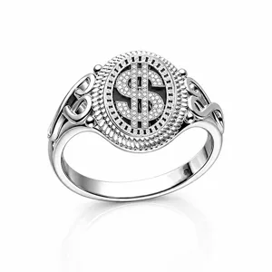 Silver-toned hip hop ring featuring a rhinestone-studded dollar sign and BOSS cutouts