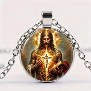 Detailed close-up of a religious Jesus glass dome pendant with cross and holy Bible