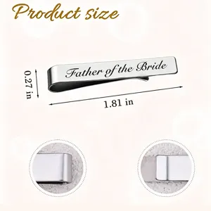 Detail view of Father of the Bride stainless steel tie clip with dimensions