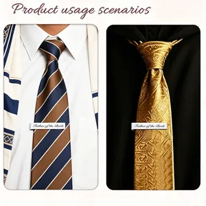 Stainless steel Father of the Bride tie clip shown on patterned ties for weddings.