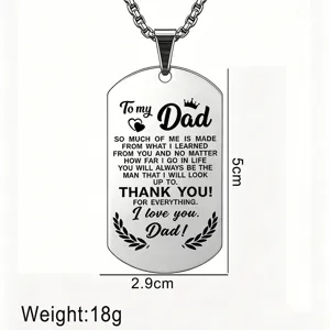 Dimensiones y detalles del collar de placa militar de acero para el Día del Padre.
