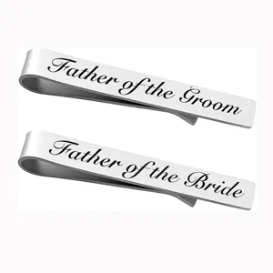 Silver stainless steel tie clips engraved with Father of the Groom and Bride for wedding