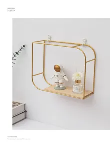 European style gold wire wall shelf with wooden base for minimalist home wall decor