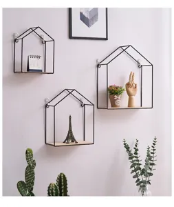 Decorative minimalist house-shaped wall-mounted wire storage shelves for living room