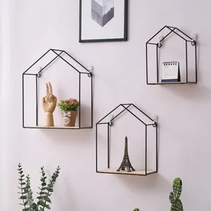 Nordic House Shaped Wall Mounted Floating Shelf Metal Storage Rack Wood Base Home Kitchen Decor Living Room Organizer