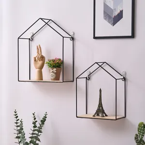 Modern black metal house-shaped wall shelves with wooden base for home decor storage