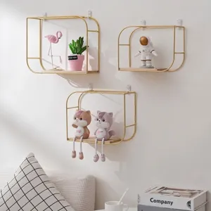 European Iron Wood Geometric Rectangle Wall Mounted Floating Shelf Large Gold Black Punch-Free Decorative Storage Rack For Home