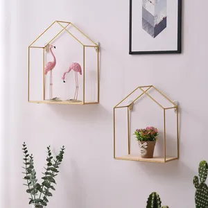 Minimalist house-shaped wall-mounted metal shelf set with wood base for home storage