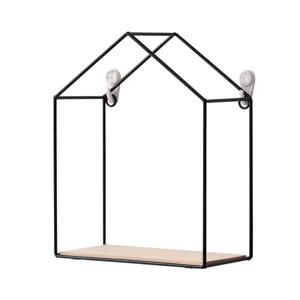 Minimalist house-shaped black metal wire wall shelf with wood base for home storage