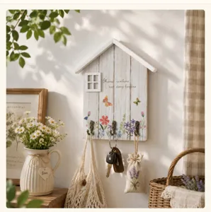 Wall-mounted wooden house key holder in a cozy pastoral home setting