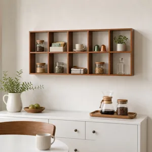 Estante de pared de madera oscura estilo europeo con diez rejillas para sala de estar