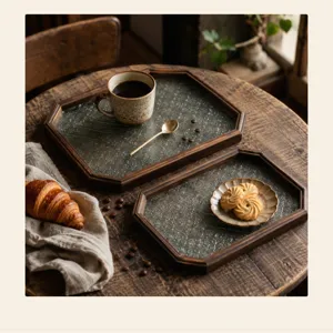 Rustic octagonal wooden tray with textured floral glass base for serving food and tea