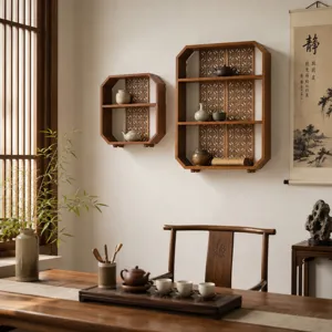Étagère Murale en Bois de Pin Chinois Classique Style Zen Étagère de Rangement en Bois Sculpté pour Décor de Salon de Thé