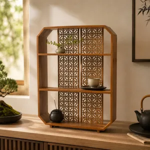Étagère murale artisanale en bois octogonal avec treillis pour salon de thé Zen