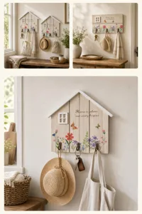 Detailed view of cottage-style wooden key hooks with floral prints and home quote.
