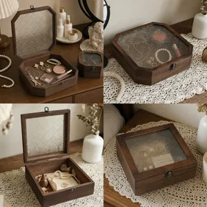 Scatola Portagioie Vintage in Legno di Noce con Coperchio in Vetro Pressato Begonia Scatola Decorativa per Anelli Orecchini Organizzatore Casa