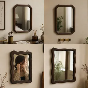 Specchio con Cornice in Legno Massiccio Retrò Metà Secolo Forma Ottagonale Ondulata Specchio da Parete in Vetro ad Alta Definizione per Decorazioni Casa Camera da Letto
