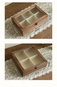 Detaillierte Maße von Vintage-Holzboxen mit gemusterten Glasdeckeln und Metallverschlüssen