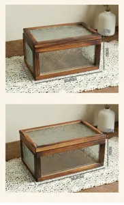 Vintage walnut wood storage box featuring begonia flower patterned glass panels and specs