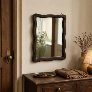 Specchio da parete vintage con cornice in legno ondulato per trucco o decorazione