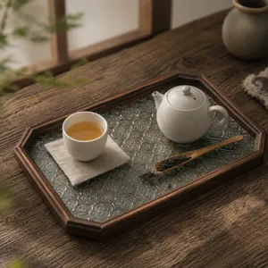 Vintage wooden tea tray with embossed begonia glass bottom for Kung Fu tea service at home