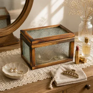 Vintage walnut wood storage box with begonia patterned glass panels on a vanity table