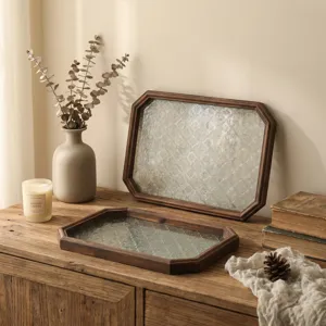 Vintage octagonal wooden tea tray with textured glass base for Kung Fu tea ceremony