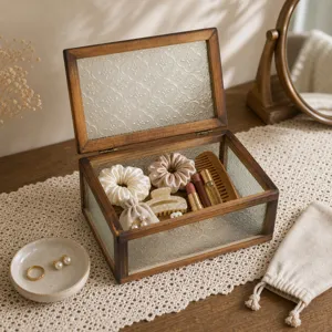 Vintage walnut wood storage box with embossed begonia flower glass panels