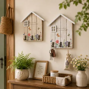 Rustic wooden house-shaped key holder with floral print for entryway wall decor