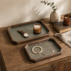 Elegant vintage wooden tea tray with patterned glass base for home jewelry storage