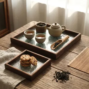 Bandeja Decorativa de Vidrio y Madera de Lujo Nórdico Patrón de Begonia Vintage Vidrio en Relieve Plato Organizador de Joyas Bandeja de Servicio para Mesa de Café