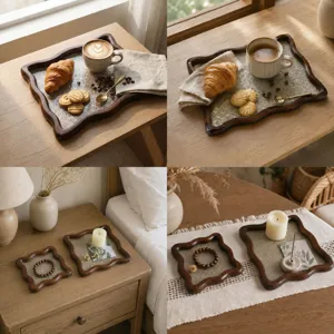Bandeja de Vidrio Relieve Begonia Marco de Madera Ondulado Plato de Té Vintage Organizador de Joyas Decoración del Hogar
