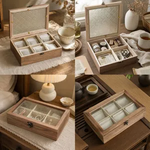 Vintage Massivholz Aufbewahrungsbox Mit Geprägtem Begonienglasdeckel Mehrfachfach Desktop Organizer Für Schmuck Teebeutel Schreibwaren