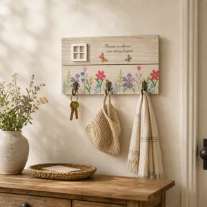 Rustic wooden wall key hook with floral prints and Home is where our story begins text