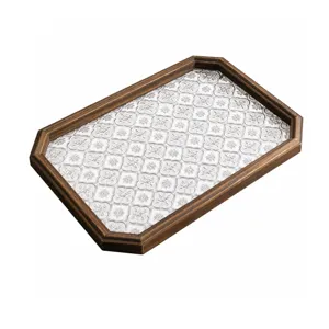 Elegant wooden octagonal tea tray with vintage floral glass bottom for tea ceremony