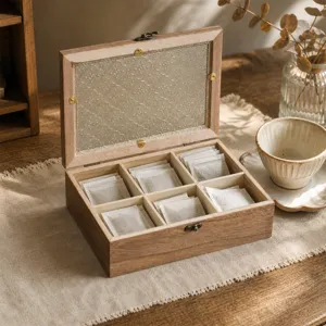 Vintage Aufbewahrungsbox aus Holz mit 6 Fächern und elegantem Glasdeckel für Dekoration