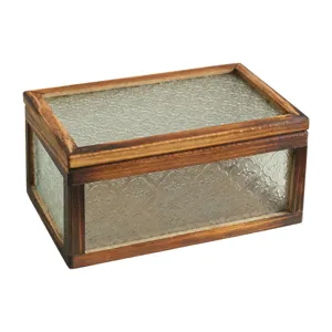 Vintage walnut wood storage box with elegant embossed begonia flower patterned glass